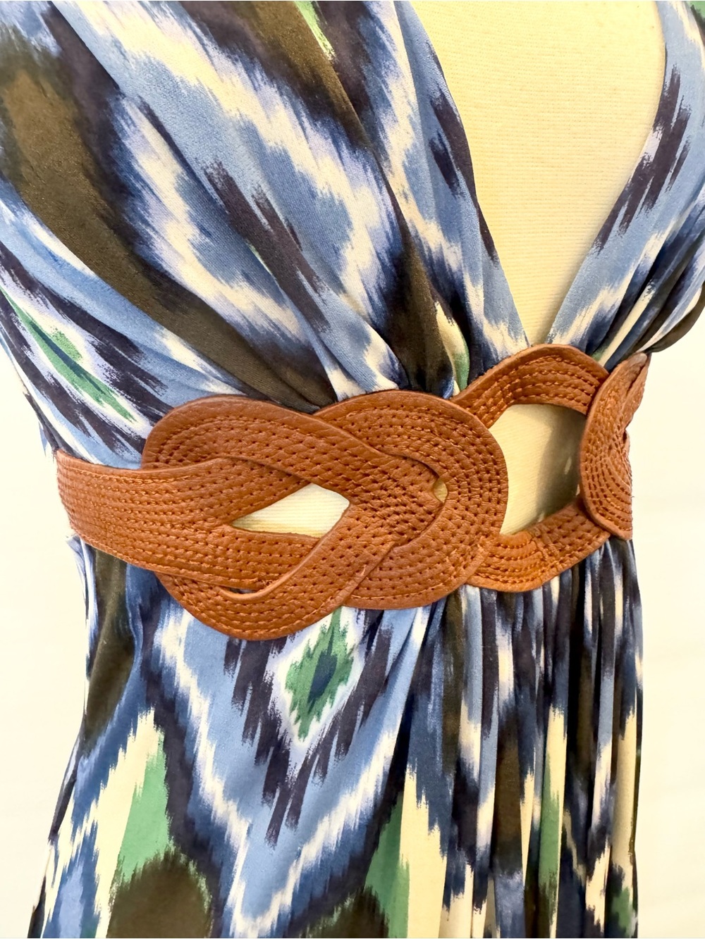 SKY IKAT Blue Brown Leather Braid Belt Keyhole Halter Maxi Gown Slip Dress NWOT - Picture 3 of 11